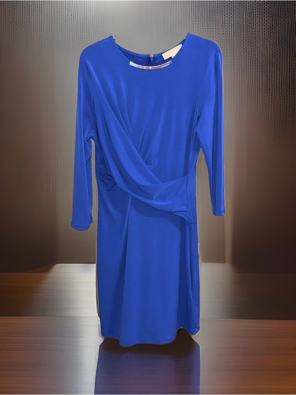 MICHAEL Michael Kors Cobalt Blue Long Sleeve Draped Dress w/Neckline Accent-M-EC